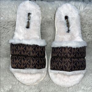 Michael Michael Kors Women Faux Fur Jet Set MK Slide Brown Slipper Size 7